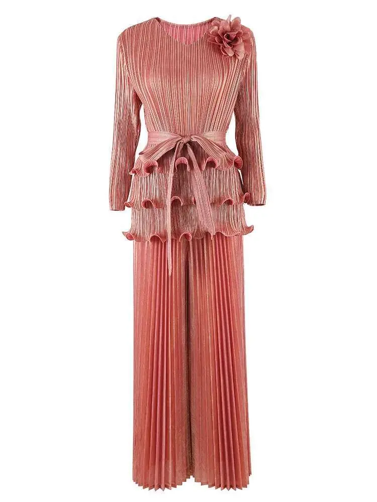 LANMREM Casual Women Pleated Two-piece Set V-neck 3D Flower Lace-up Fungus Hem Design Top + Wide Leg Pants New Fashion 2DC1263