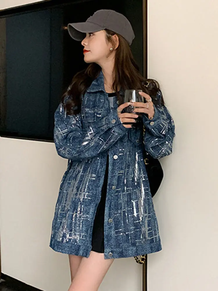 LANMREM High Street Denim Jackets For Women Sequins Spliced Design Lapel Single Breasted Coat Fashion 2025 Spring New 2VV303