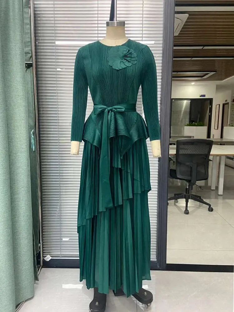 LANMREM Irregular Pleated Shirts With Flower Decoration Belt Gathered Waist + Long Skirts Female Party Elegant Clothing 2DB1685