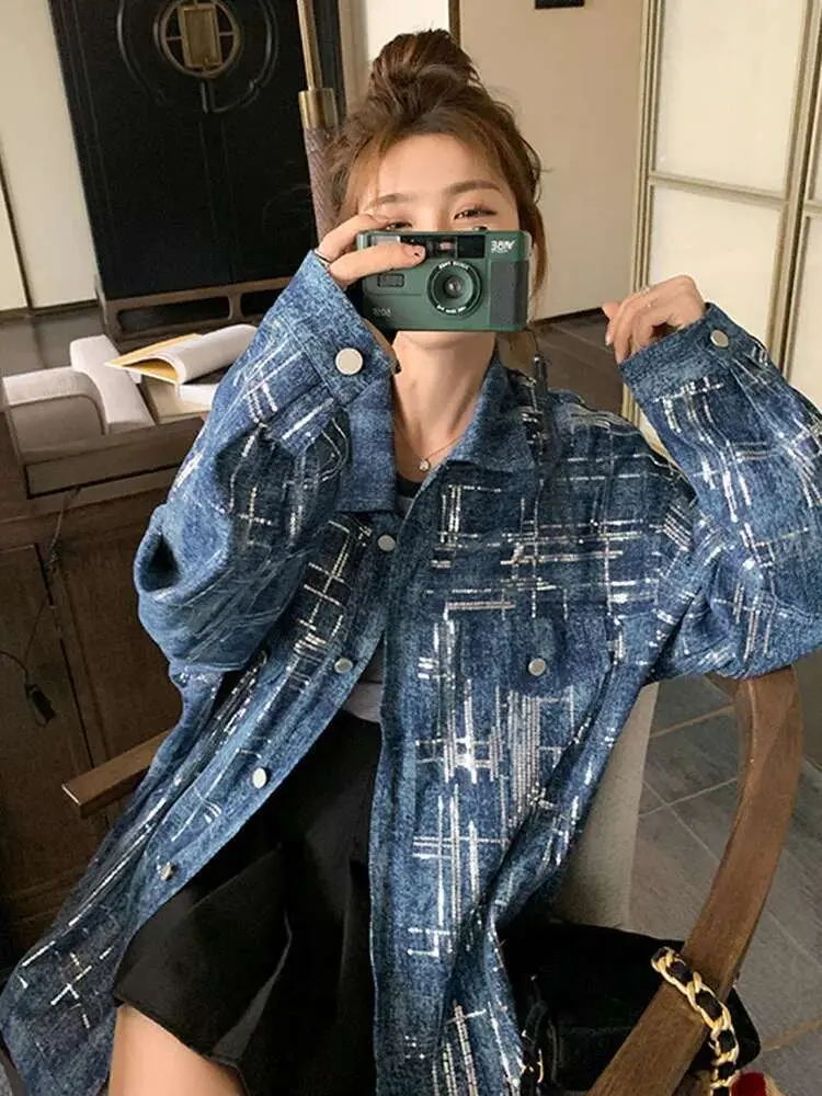LANMREM High Street Denim Jackets For Women Sequins Spliced Design Lapel Single Breasted Coat Fashion 2025 Spring New 2VV303