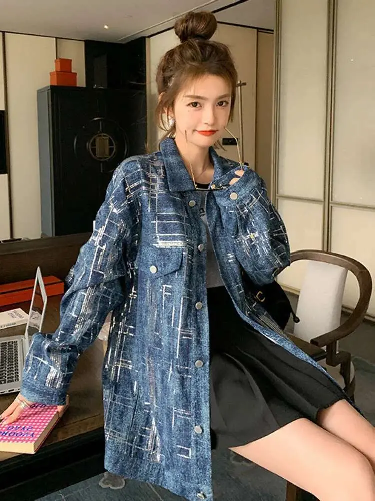 LANMREM High Street Denim Jackets For Women Sequins Spliced Design Lapel Single Breasted Coat Fashion 2025 Spring New 2VV303