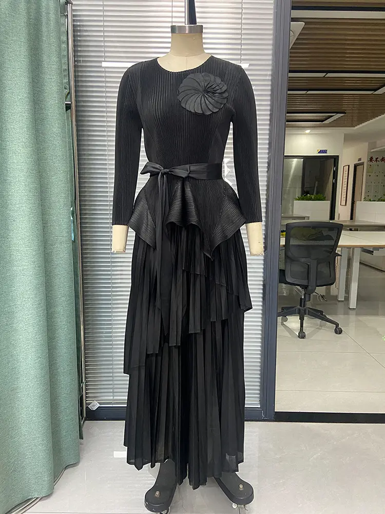 LANMREM Irregular Pleated Shirts With Flower Decoration Belt Gathered Waist + Long Skirts Female Party Elegant Clothing 2DB1685