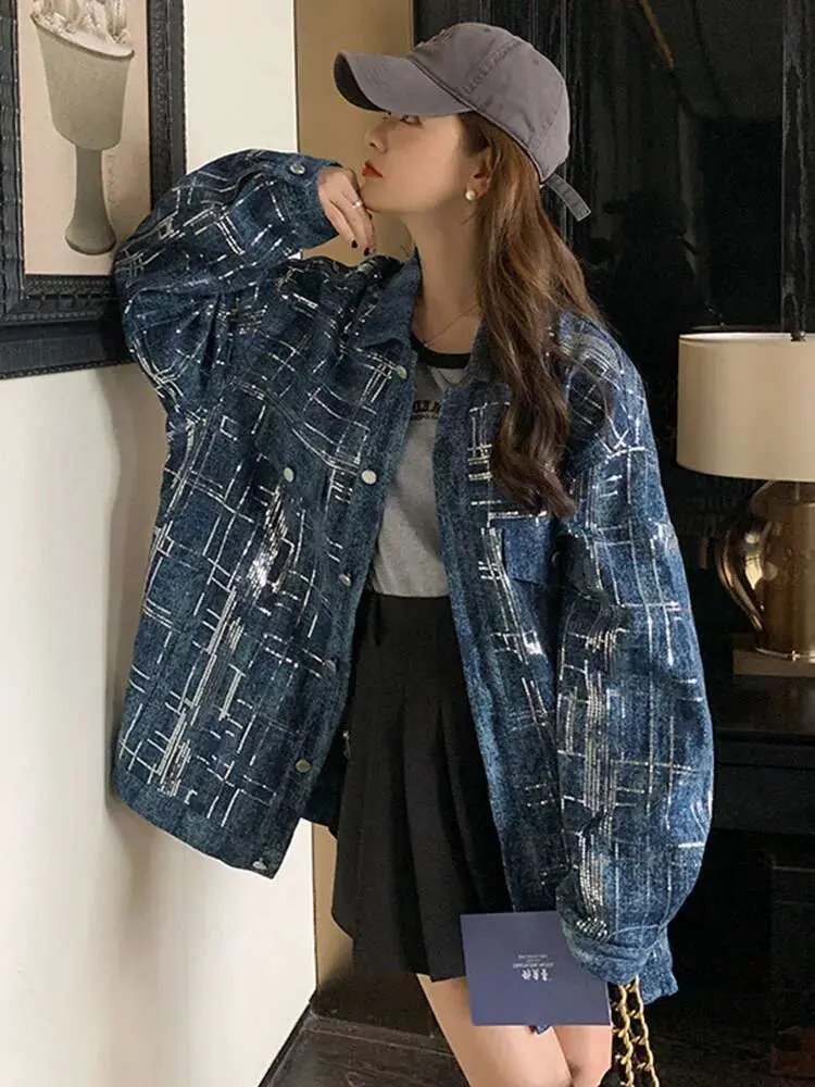LANMREM High Street Denim Jackets For Women Sequins Spliced Design Lapel Single Breasted Coat Fashion 2025 Spring New 2VV303
