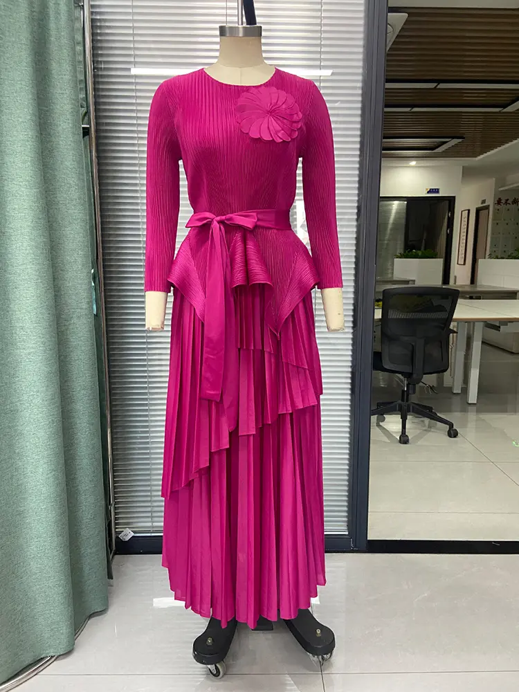 LANMREM Irregular Pleated Shirts With Flower Decoration Belt Gathered Waist + Long Skirts Female Party Elegant Clothing 2DB1685
