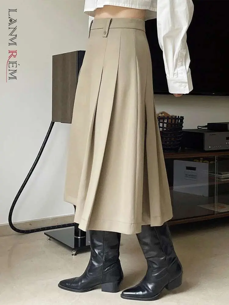 LANMREM Women Fold Skirts Solid Color High Waist A-line Long Skirt Female Fashion Clothes Streetwear 2025 Spring New 2YA138