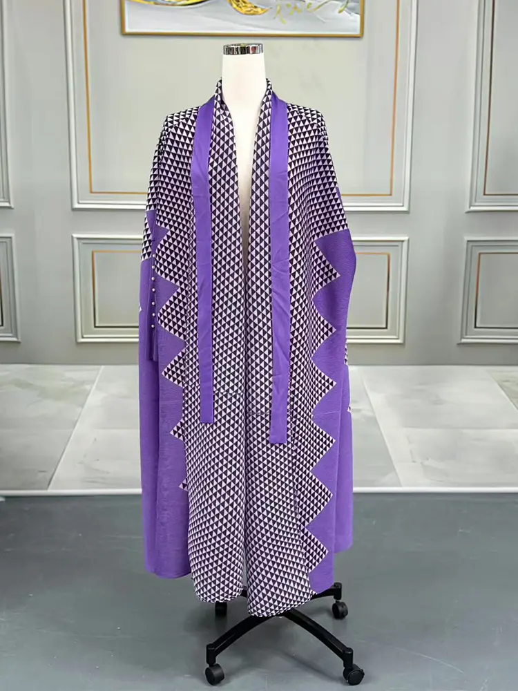 LANMREM Niche Geometric Printting Loose Long Pleated Jacket For Women 2025 New Elastic Cardigan Trench Coat Chic Clothes 2DB3474