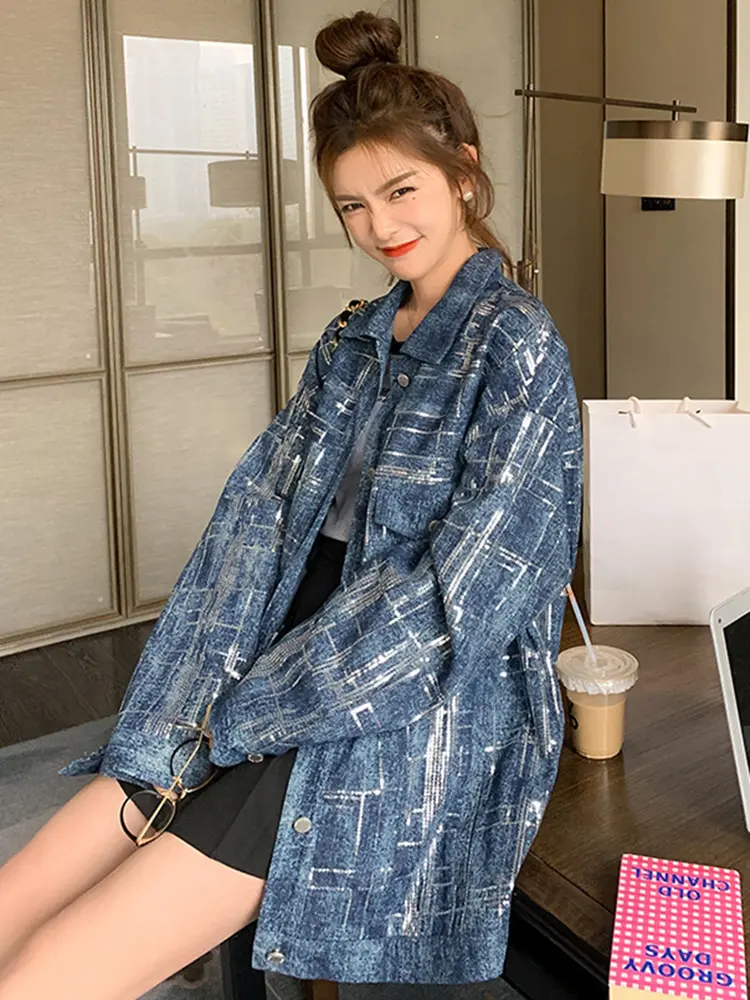 LANMREM High Street Denim Jackets For Women Sequins Spliced Design Lapel Single Breasted Coat Fashion 2025 Spring New 2VV303