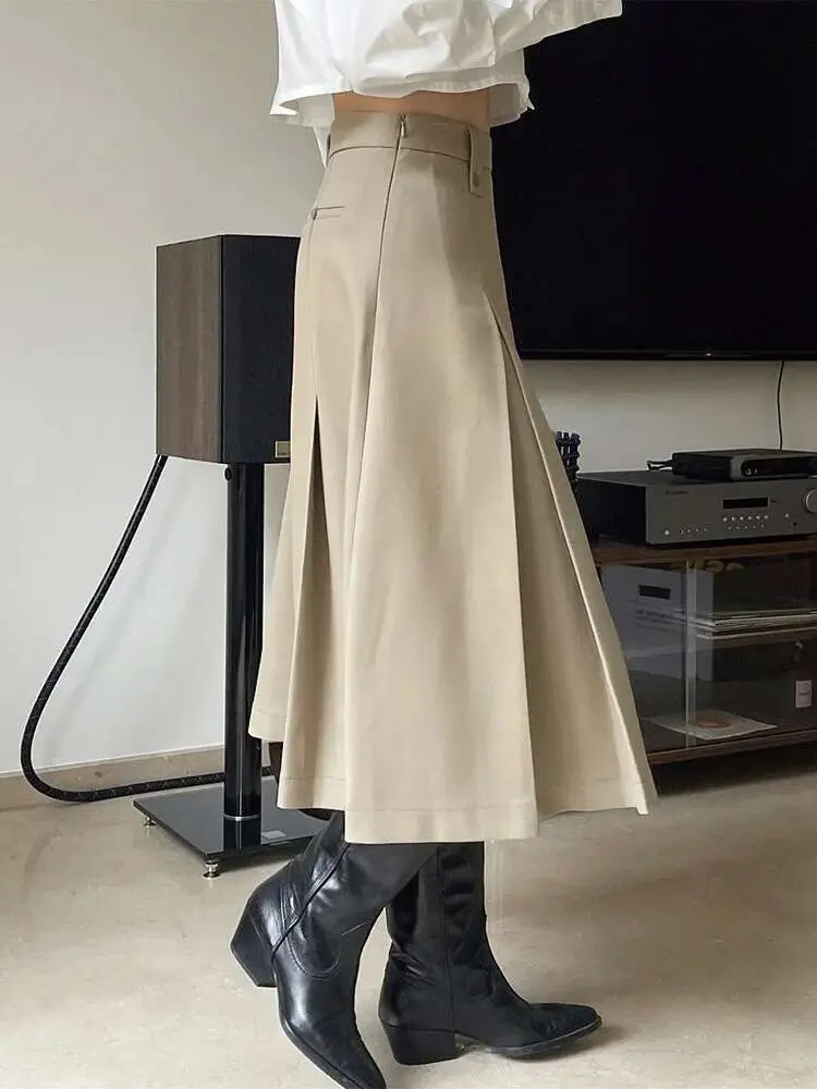LANMREM Women Fold Skirts Solid Color High Waist A-line Long Skirt Female Fashion Clothes Streetwear 2025 Spring New 2YA138
