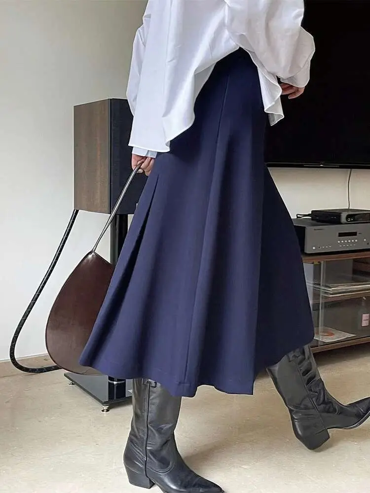LANMREM Women Fold Skirts Solid Color High Waist A-line Long Skirt Female Fashion Clothes Streetwear 2025 Spring New 2YA138