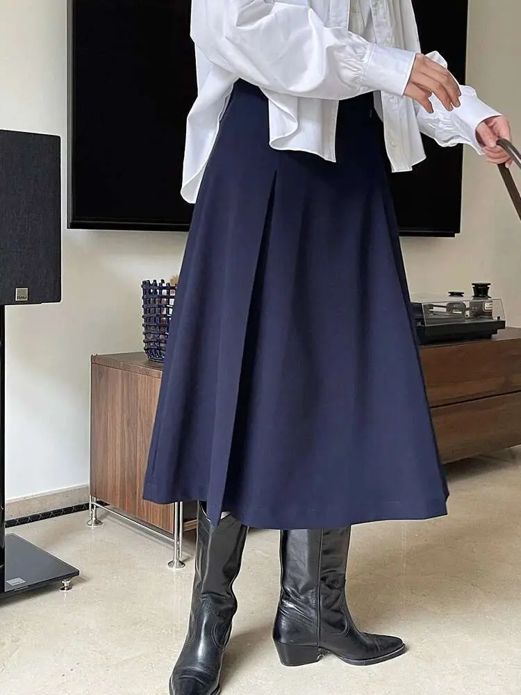 LANMREM Women Fold Skirts Solid Color High Waist A-line Long Skirt Female Fashion Clothes Streetwear 2025 Spring New 2YA138