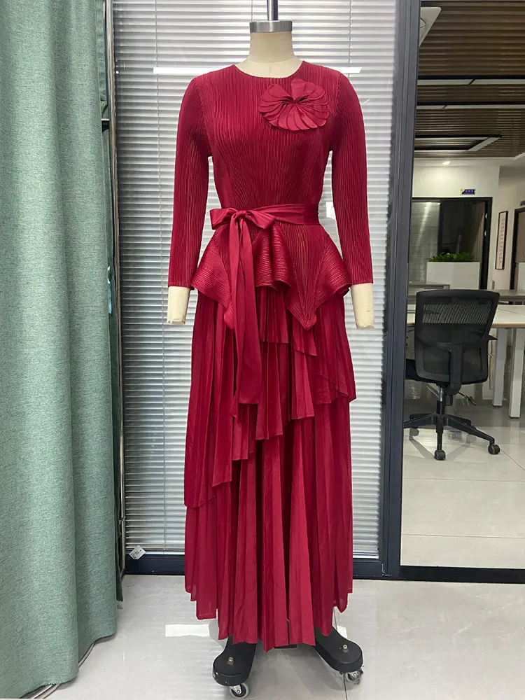 LANMREM Irregular Pleated Shirts With Flower Decoration Belt Gathered Waist + Long Skirts Female Party Elegant Clothing 2DB1685