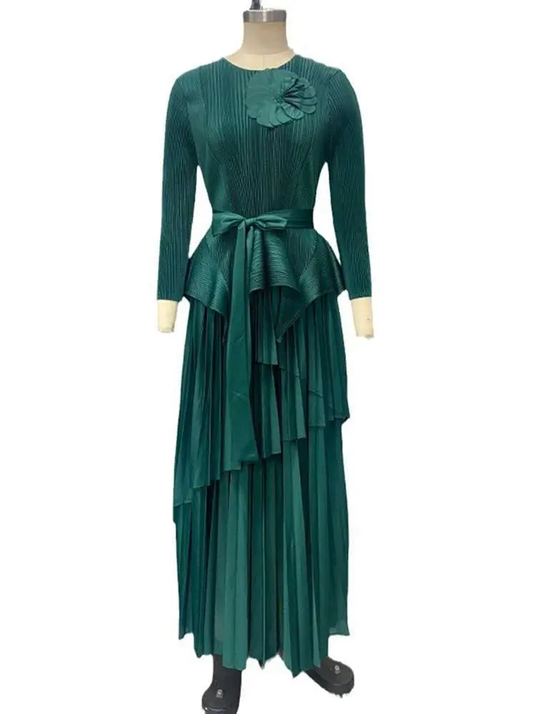 LANMREM Irregular Pleated Shirts With Flower Decoration Belt Gathered Waist + Long Skirts Female Party Elegant Clothing 2DB1685