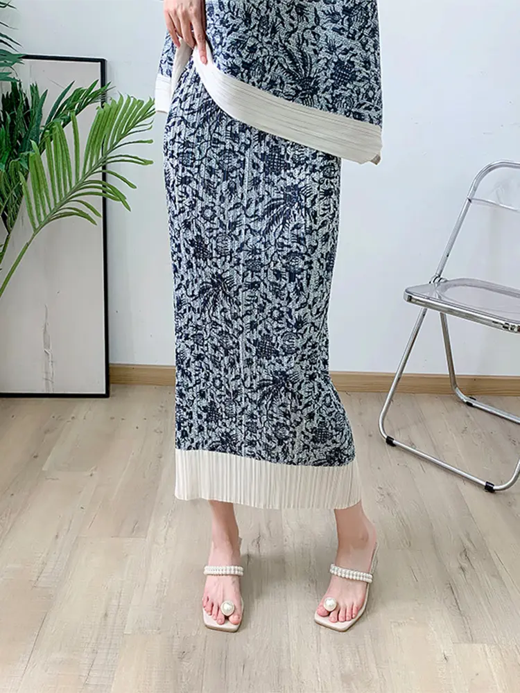 LANMREM Blue Printed Pleated Irregular Vest+straight Skirt Two-piece Set For Women 2024 Summer New Fashion Clothing 2DA6560