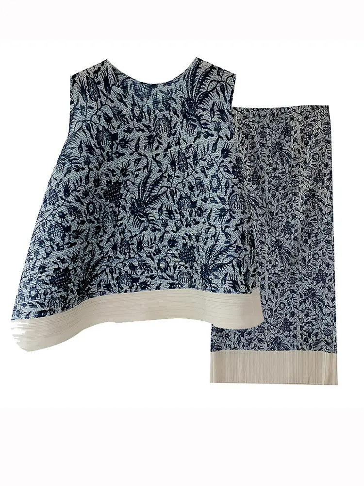 LANMREM Blue Printed Pleated Irregular Vest+straight Skirt Two-piece Set For Women 2024 Summer New Fashion Clothing 2DA6560