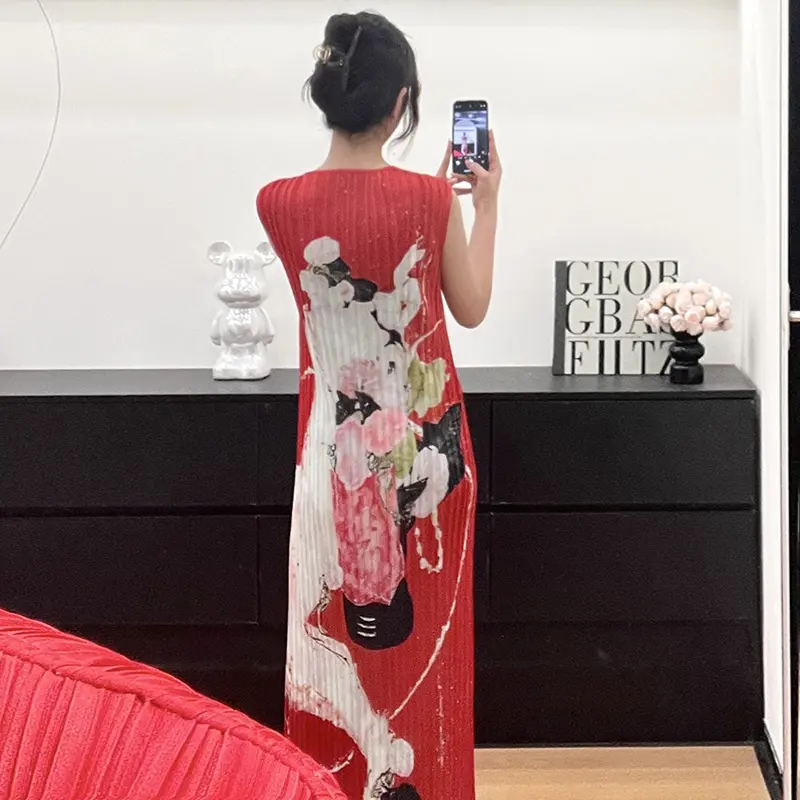 LANMREM Pleated Famale Clothing 2025 New Vacation Style Sweet Elastic Slim Sleeveless O-neck Printting Women's Dress 2DB3774