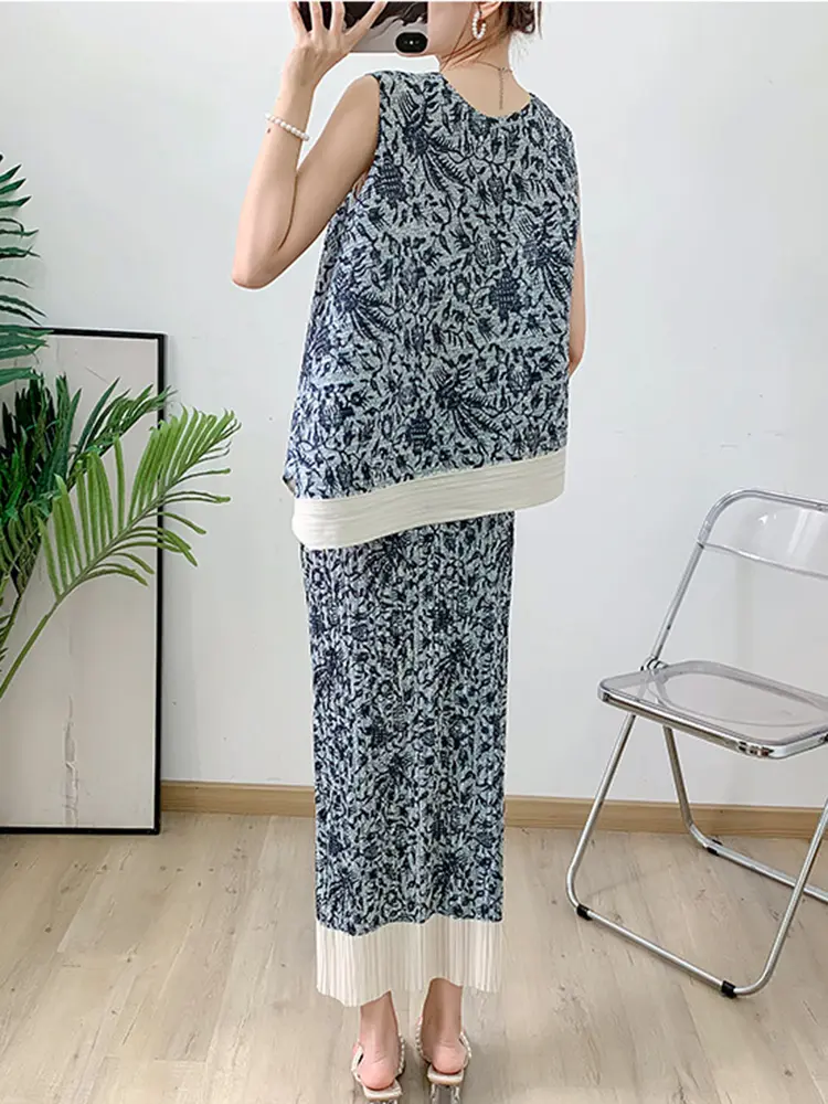 LANMREM Blue Printed Pleated Irregular Vest+straight Skirt Two-piece Set For Women 2024 Summer New Fashion Clothing 2DA6560