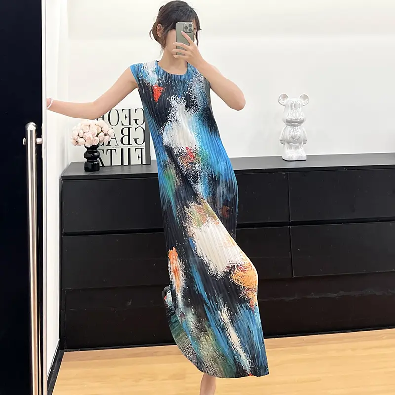 LANMREM Pleated Famale Clothing 2025 New Vacation Style Sweet Elastic Slim Sleeveless O-neck Printting Women's Dress 2DB3774