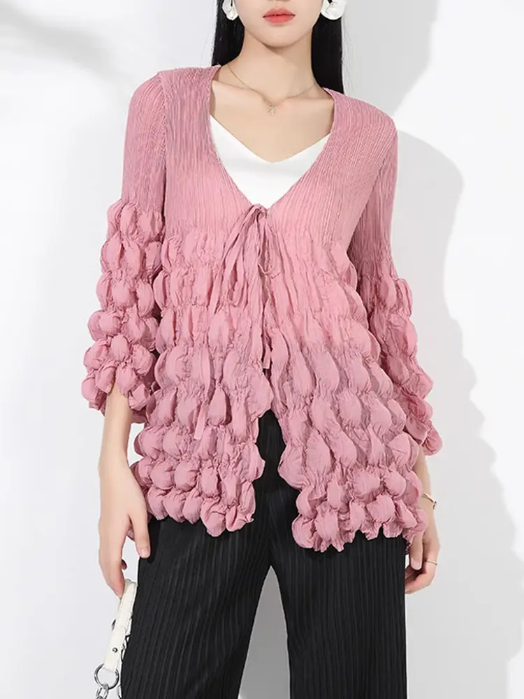 LANMREM Casual Pleated Shirt Women 2025 New Chic Style V Neck 3D Bubble Folds Design Bandage Solid Color Clothes 2DC1568