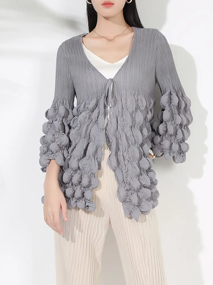 LANMREM Casual Pleated Shirt Women 2025 New Chic Style V Neck 3D Bubble Folds Design Bandage Solid Color Clothes 2DC1568