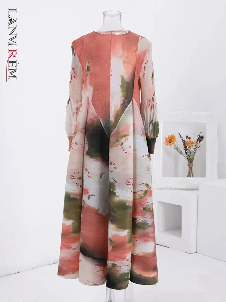 LANMREM Chic Print Pleated Women's Dresses Color-block Design Round Neck Lantern Sleeves Long Dresses 2025 Spring New 2AA4759