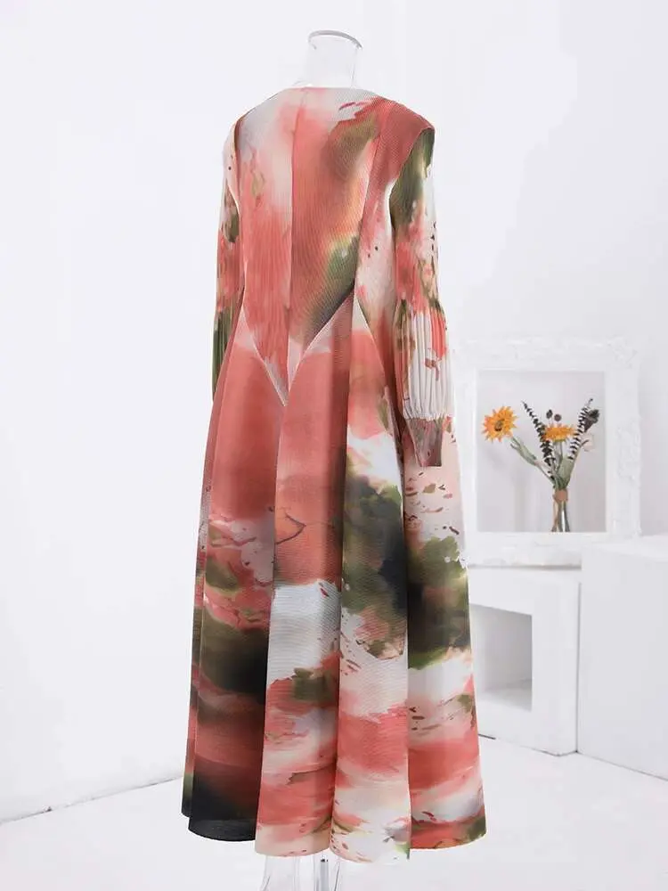 LANMREM Chic Print Pleated Women's Dresses Color-block Design Round Neck Lantern Sleeves Long Dresses 2025 Spring New 2AA4759