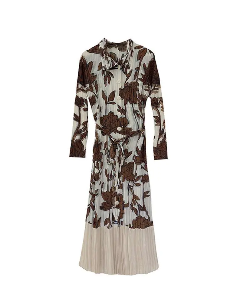 LANMREM Women's Pleated Print Dress Lapel Single Breasted Long Sleeve Lace-up Elegant Dresses Female Fashion 2025 Spring 2DE239