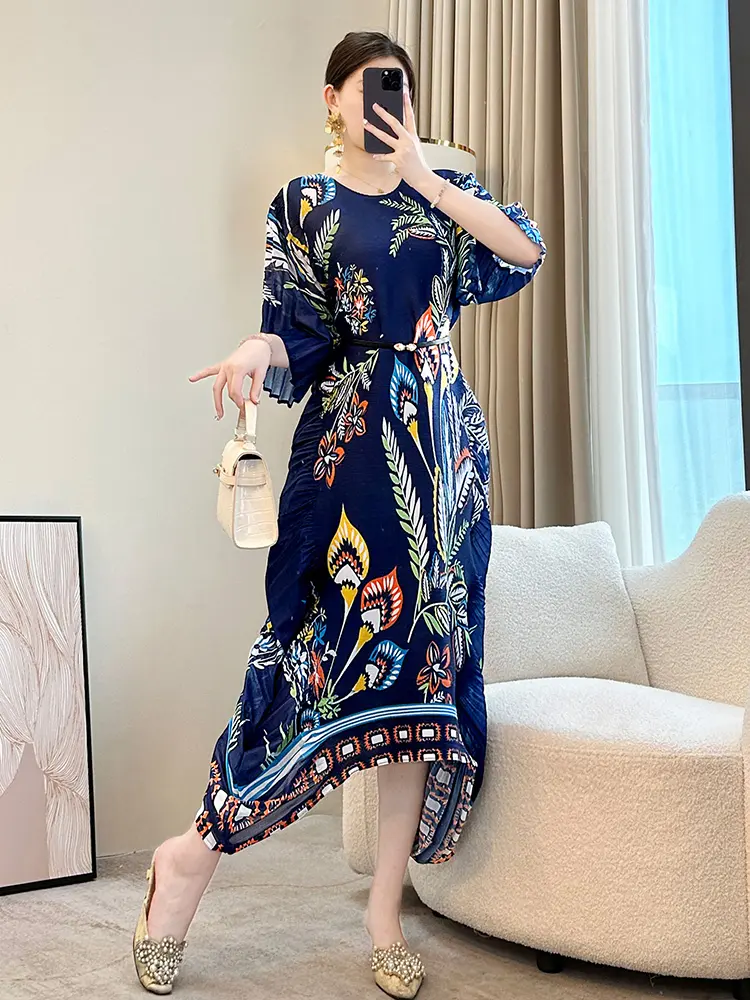 LANMREM Chinese Style Prinrtting Pleated Dress For Women 2025 New Trendy Round Collar Loose Casual Irregular Dresses 2DB2982