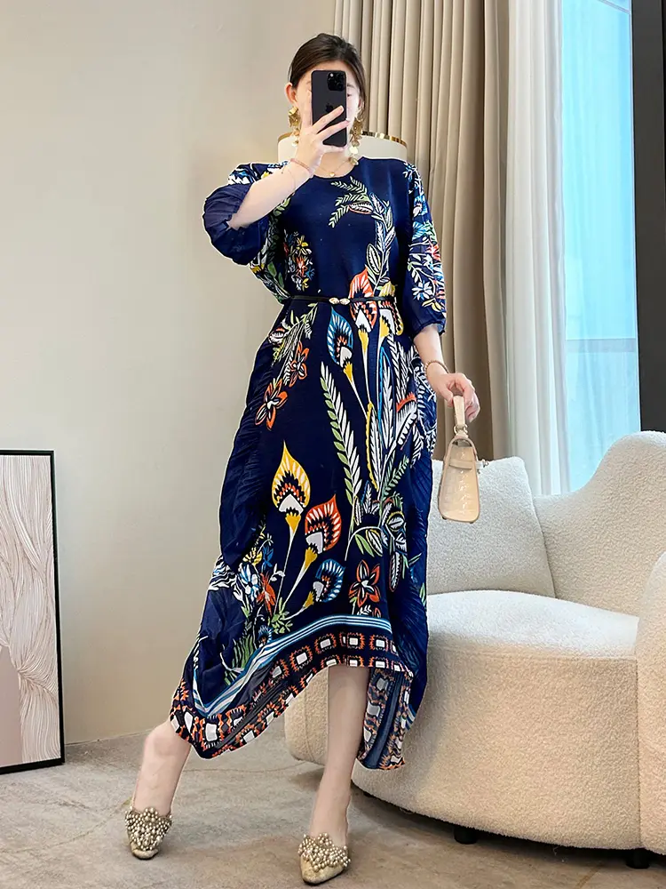 LANMREM Chinese Style Prinrtting Pleated Dress For Women 2025 New Trendy Round Collar Loose Casual Irregular Dresses 2DB2982