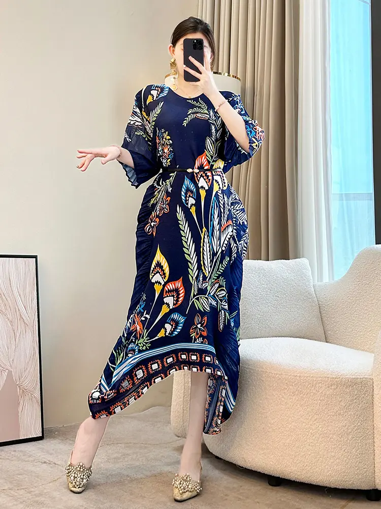 LANMREM Chinese Style Prinrtting Pleated Dress For Women 2025 New Trendy Round Collar Loose Casual Irregular Dresses 2DB2982