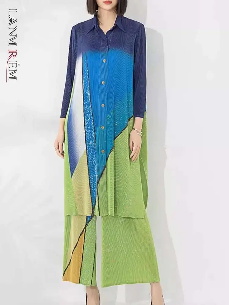LANMREM Contrast Color Print Pleated 2 Piece Set Women Mid Length Loose Tops Wide Leg Trousers Casual 2025 Spring New 2AA5181