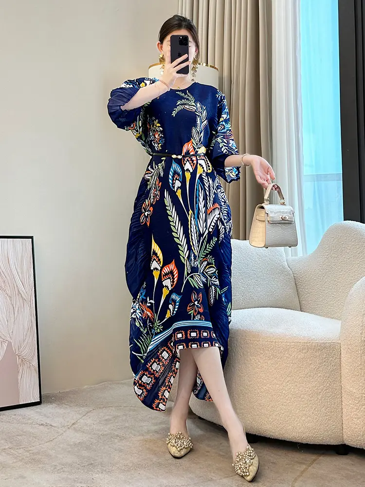 LANMREM Chinese Style Prinrtting Pleated Dress For Women 2025 New Trendy Round Collar Loose Casual Irregular Dresses 2DB2982