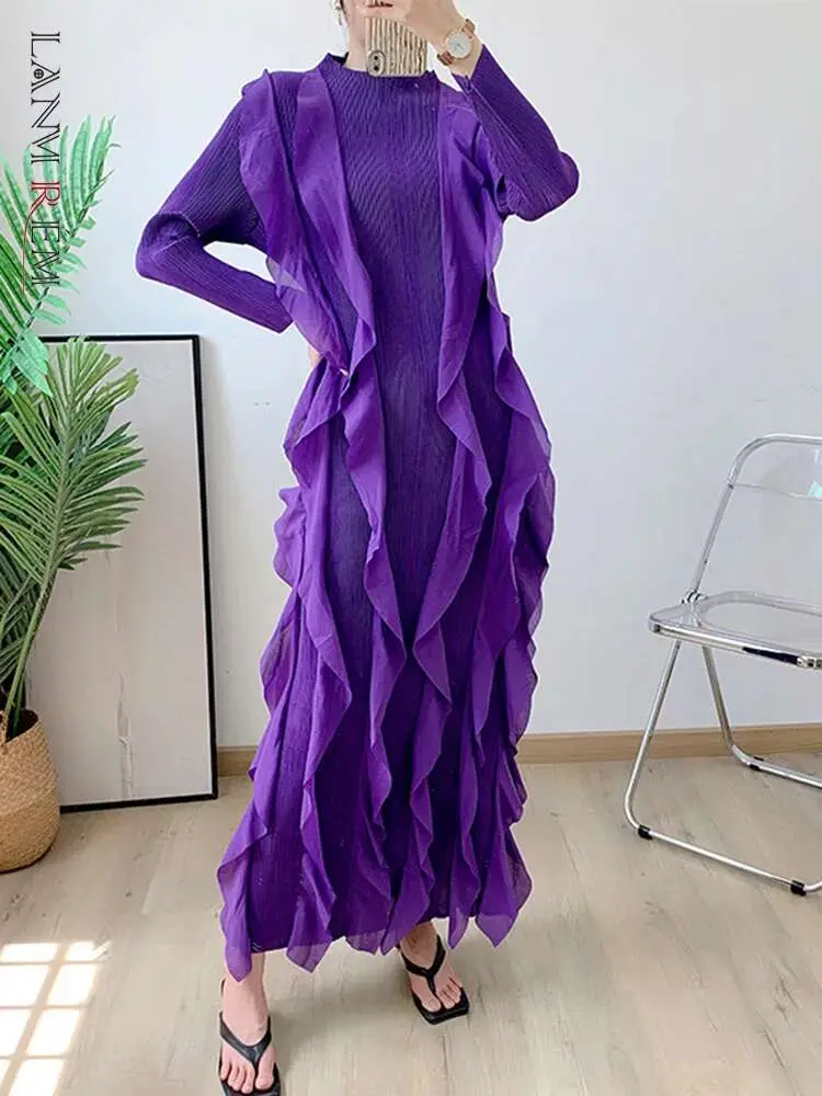 LANMREM Maxi Ruffles Pleated Dress For Women Round Neck Long Sleeves High Waist Dresses Fashion Party New Clothing 2AA1158