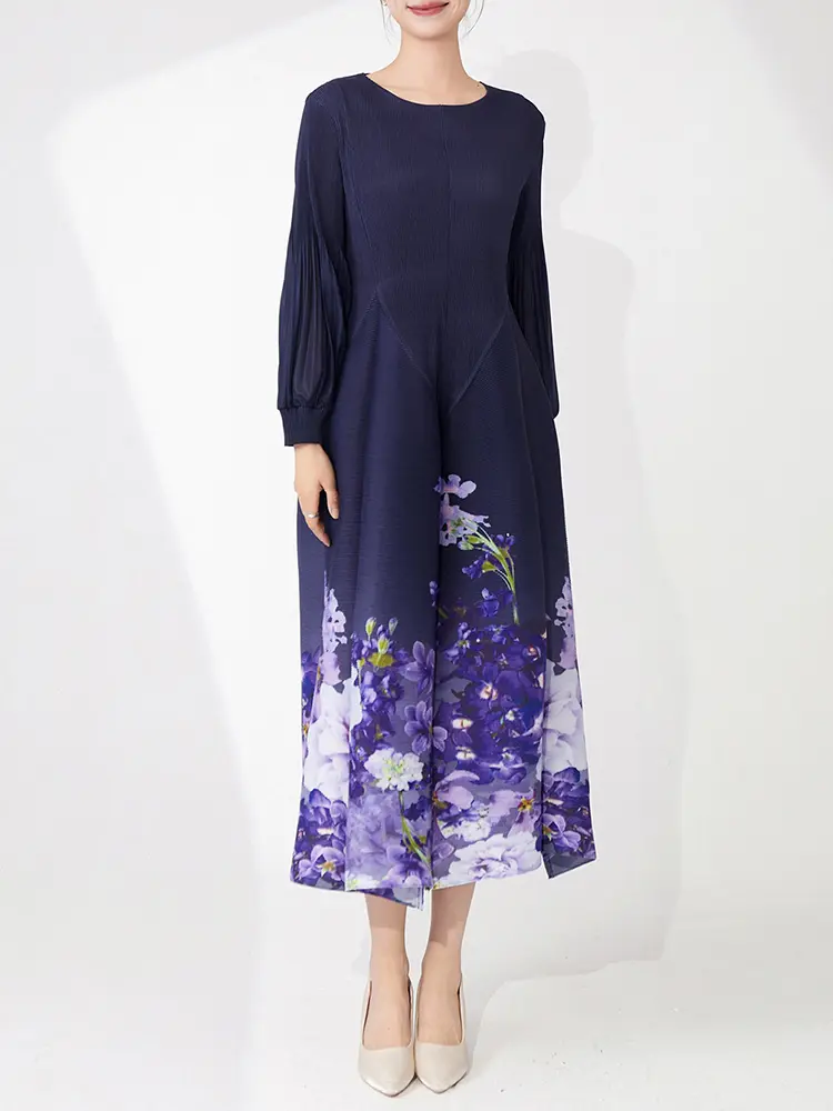 LANMREM Purple Printting Fashion Pleated Dress For Women Loose Causal Round Collar Long Sleeve A-line Dresses 2025 New 2DB3065