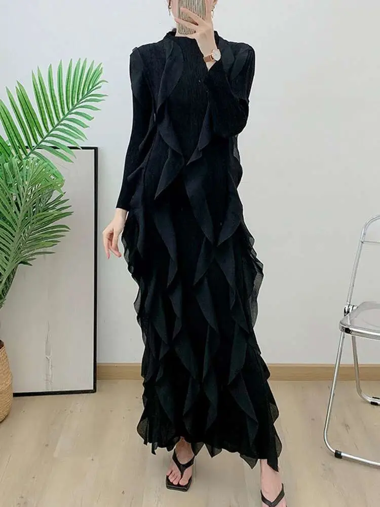 LANMREM Maxi Ruffles Pleated Dress For Women Round Neck Long Sleeves High Waist Dresses Fashion Party New Clothing 2AA1158