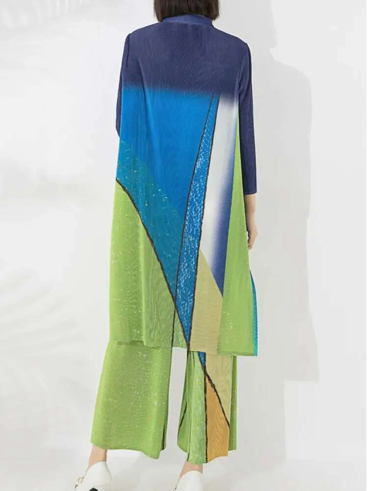 LANMREM Contrast Color Print Pleated 2 Piece Set Women Mid Length Loose Tops Wide Leg Trousers Casual 2025 Spring New 2AA5181
