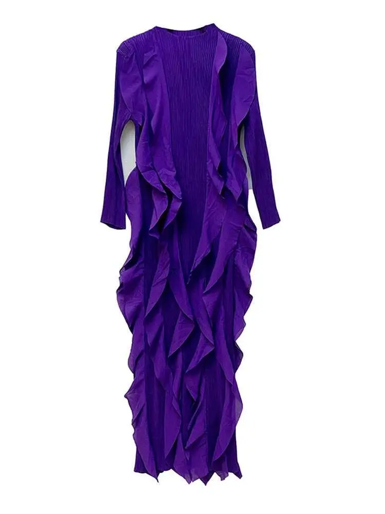 LANMREM Maxi Ruffles Pleated Dress For Women Round Neck Long Sleeves High Waist Dresses Fashion Party New Clothing 2AA1158