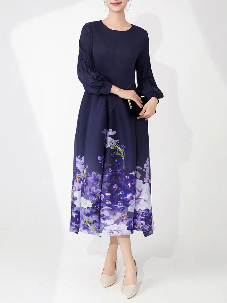 LANMREM Purple Printting Fashion Pleated Dress For Women Loose Causal Round Collar Long Sleeve A-line Dresses 2025 New 2DB3065