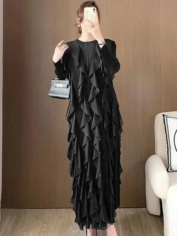 LANMREM Flounced Edge Patchwork Pleated Dress Women O Neck Full Sleeves Designer Evening Party Loose Clothes New Fashion 2DC1558