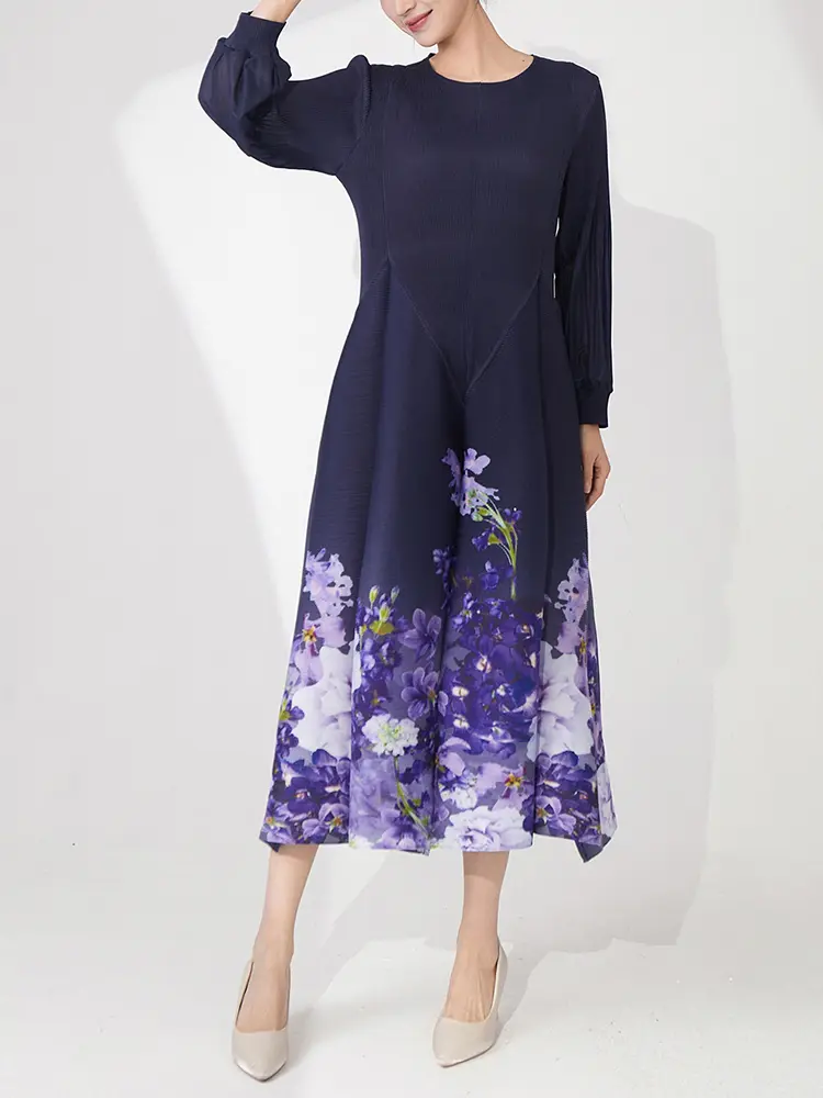 LANMREM Purple Printting Fashion Pleated Dress For Women Loose Causal Round Collar Long Sleeve A-line Dresses 2025 New 2DB3065