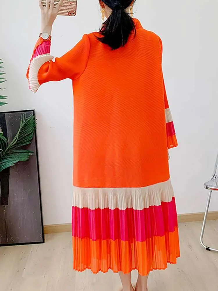 LANMREM Striped Contrast Color Pleated Dress Women Lapel Flare Sleeves Single Breasted Loose Long Dresses 2025 Spring 2AA4365
