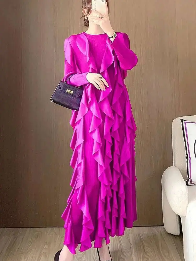 LANMREM Flounced Edge Patchwork Pleated Dress Women O Neck Full Sleeves Designer Evening Party Loose Clothes New Fashion 2DC1558
