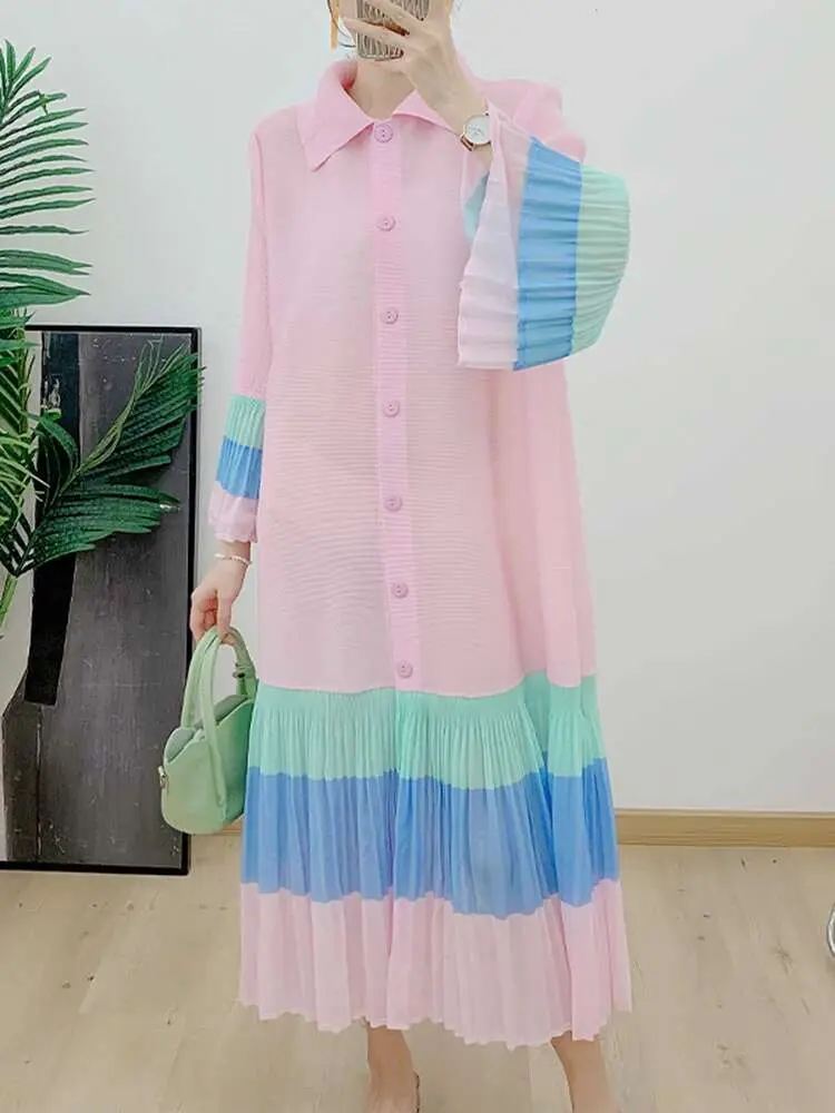 LANMREM Striped Contrast Color Pleated Dress Women Lapel Flare Sleeves Single Breasted Loose Long Dresses 2025 Spring 2AA4365