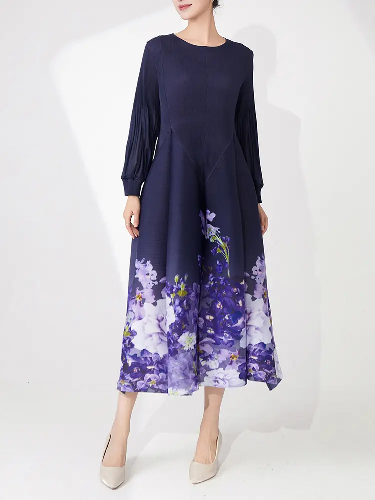LANMREM Purple Printting Fashion Pleated Dress For Women Loose Causal Round Collar Long Sleeve A-line Dresses 2025 New 2DB3065