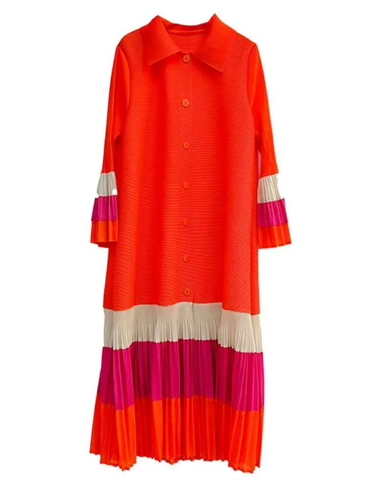LANMREM Striped Contrast Color Pleated Dress Women Lapel Flare Sleeves Single Breasted Loose Long Dresses 2025 Spring 2AA4365