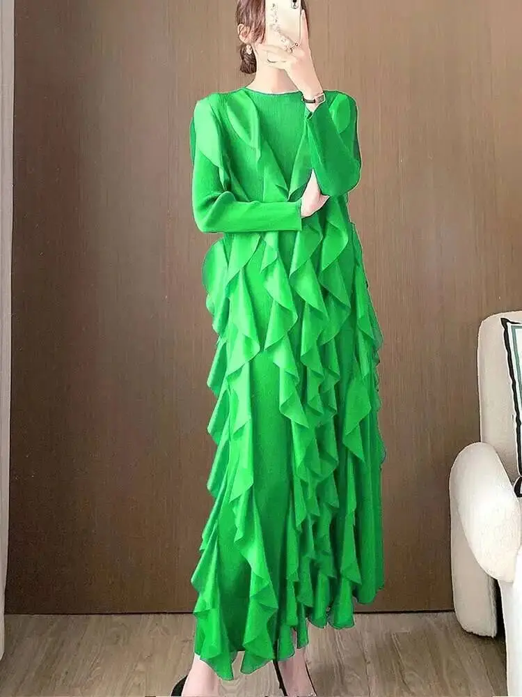 LANMREM Flounced Edge Patchwork Pleated Dress Women O Neck Full Sleeves Designer Evening Party Loose Clothes New Fashion 2DC1558