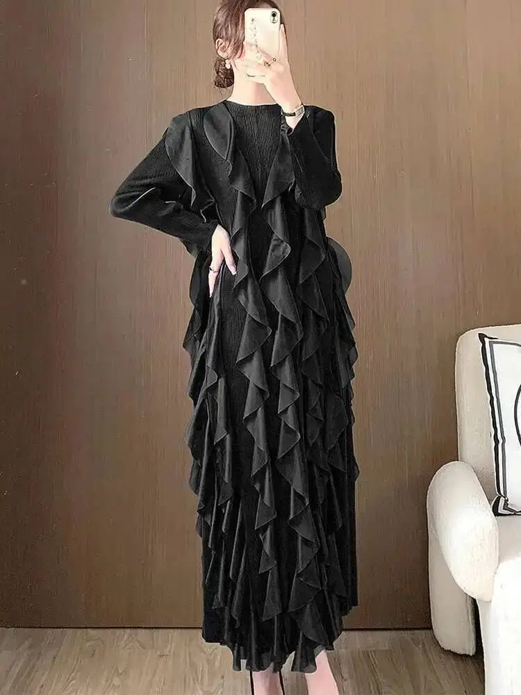 LANMREM Flounced Edge Patchwork Pleated Dress Women O Neck Full Sleeves Designer Evening Party Loose Clothes New Fashion 2DC1558