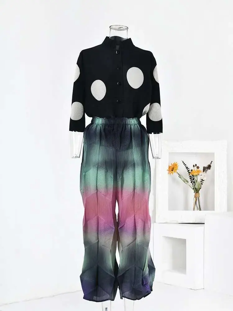 LANMREM Fashion Gradient Pleated Wide Leg Pants Women Elastic High Waist Contrast Color Trousers 2025 Spring New 2AA2577