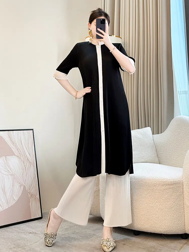 LANMREM Single Breasted Colorblock Spliced Design Half Sleeve Dress And Wide Leg Straight Pants Two Pieces Sets 2025 New 2DB3149