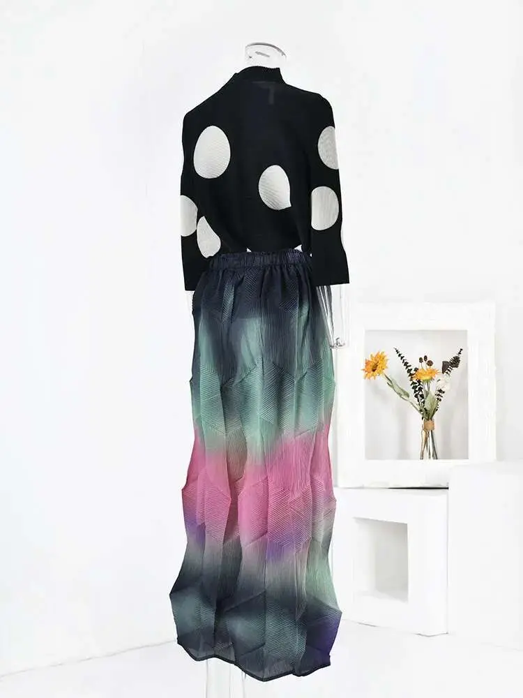 LANMREM Fashion Gradient Pleated Wide Leg Pants Women Elastic High Waist Contrast Color Trousers 2025 Spring New 2AA2577