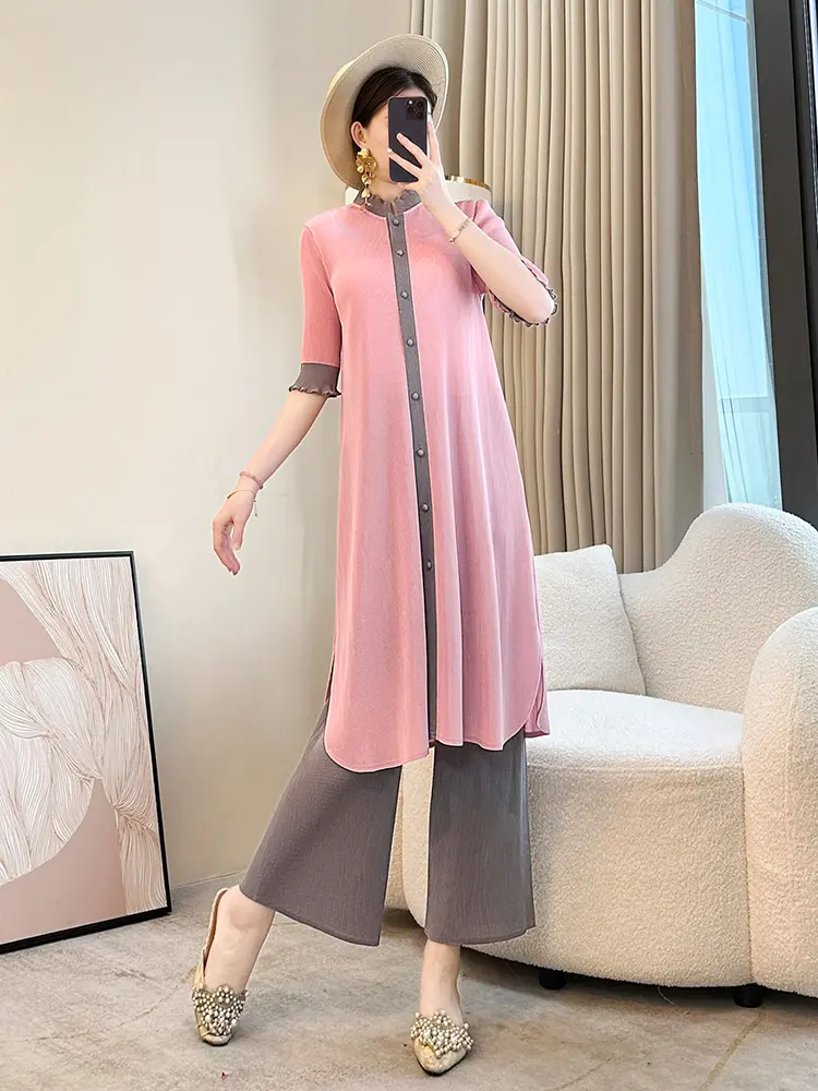 LANMREM Single Breasted Colorblock Spliced Design Half Sleeve Dress And Wide Leg Straight Pants Two Pieces Sets 2025 New 2DB3149
